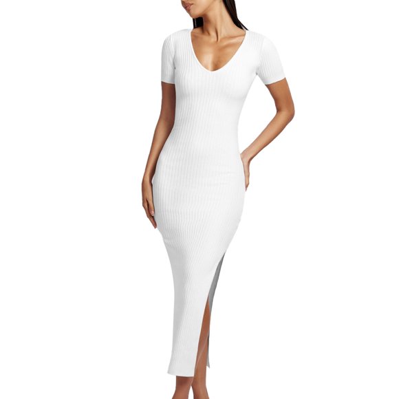 Women's Side Slit Deep V Neck Bodycon Maxi Dress Split Short Sleeve Evening Party Long Dresses - White