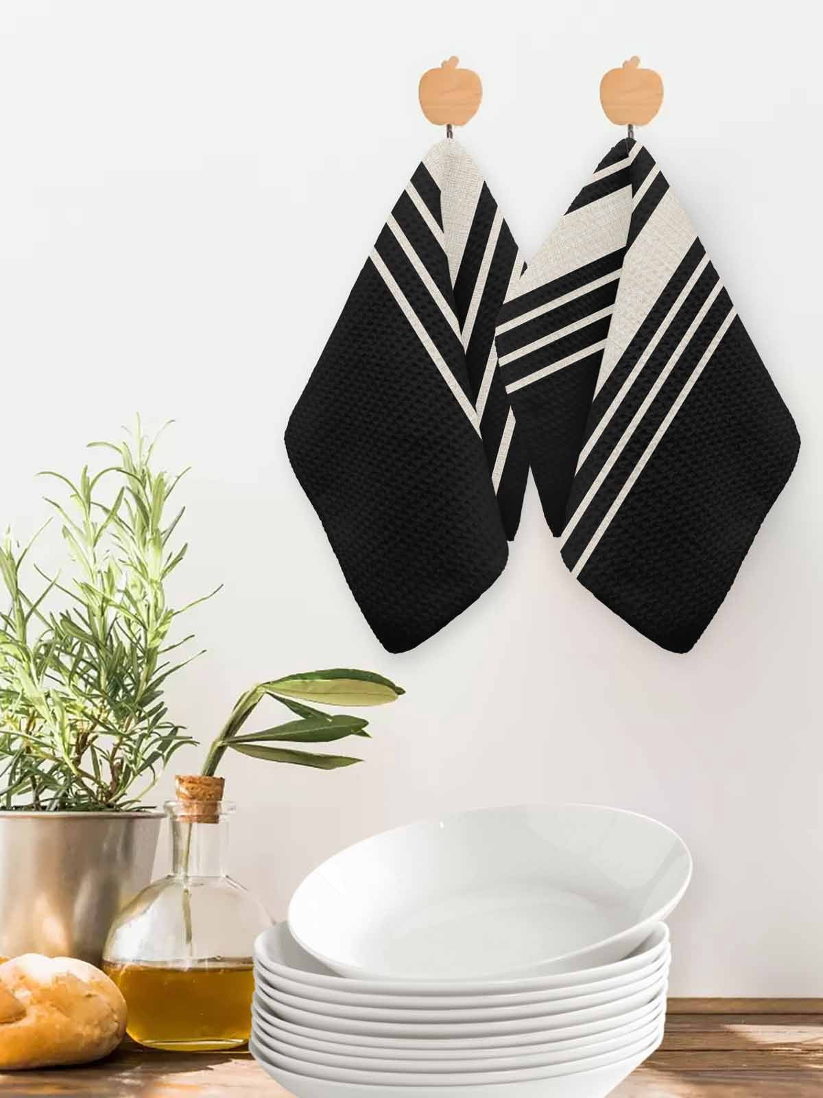 Black Beige Striped Kitchen Dish Towels for Drying Dishes Set of 4, Modern Farmhouse Retro Lines Waffle Weave Microfiber Hand Tea Bathroom Towels Quick Dry & Absorbent Towel 12x12