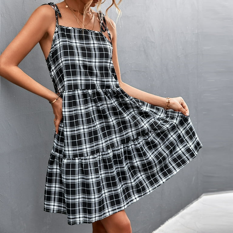 knee length dresses for ladies Sunny Angela Women's Plaid Print Ricrac Tiered Bubble Sleeve Mini Dress main image 0
