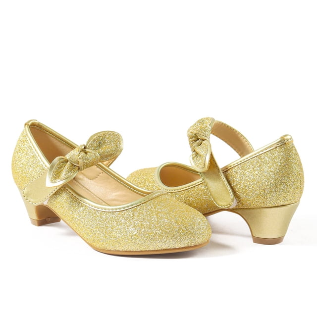 Zapatos ADAMUMU para niñas pequeñas, tacones dorados con purpurina, talla 1M