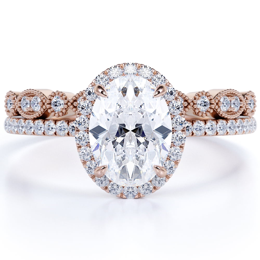 JeenMata 1.75 Carat antique art deco oval cut Moissanite Wedding Set in 18k Rose Gold Over Silver