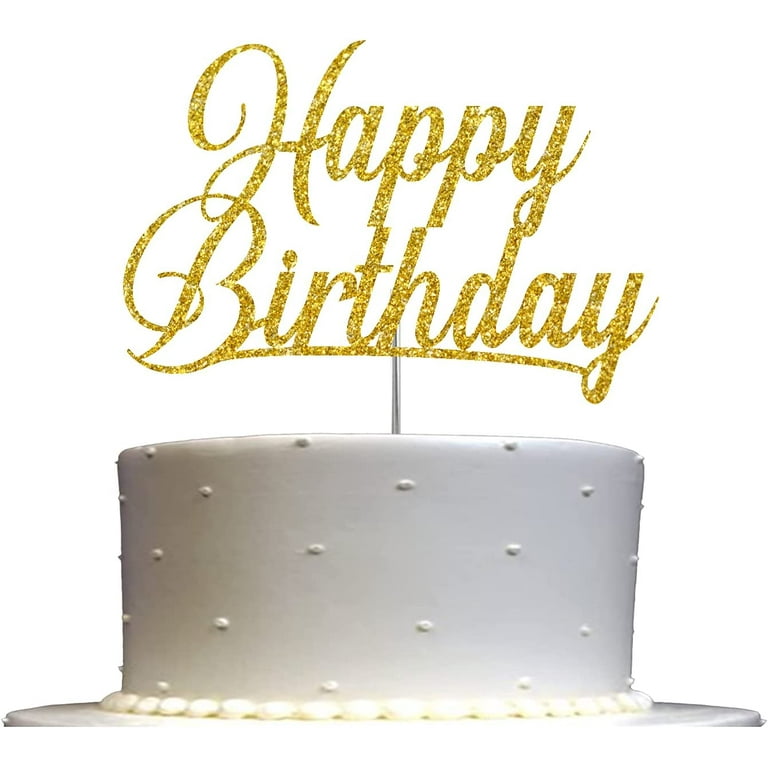 Happy Birthday Glitter Cake Topper, Birthday Party Decorations Ideas,  Sturdy Doubled Sided Glitter, Acrylic Stick (Gold)