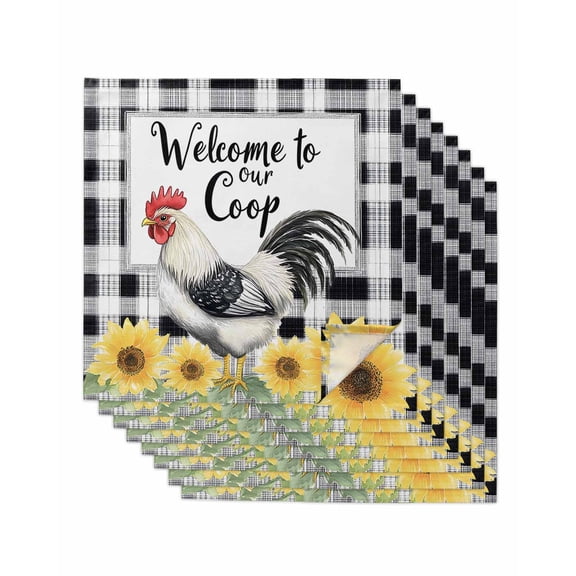nqOlkjepod Vintage Rooster Cloth Napkins Set of 8 Reusable Dinner Napkins, Black White Plaid Pastoral Sunflower Cocktail Napkin Washable Table Napkins for Wedding/Holiday Party/Baby Shower 20"x20"