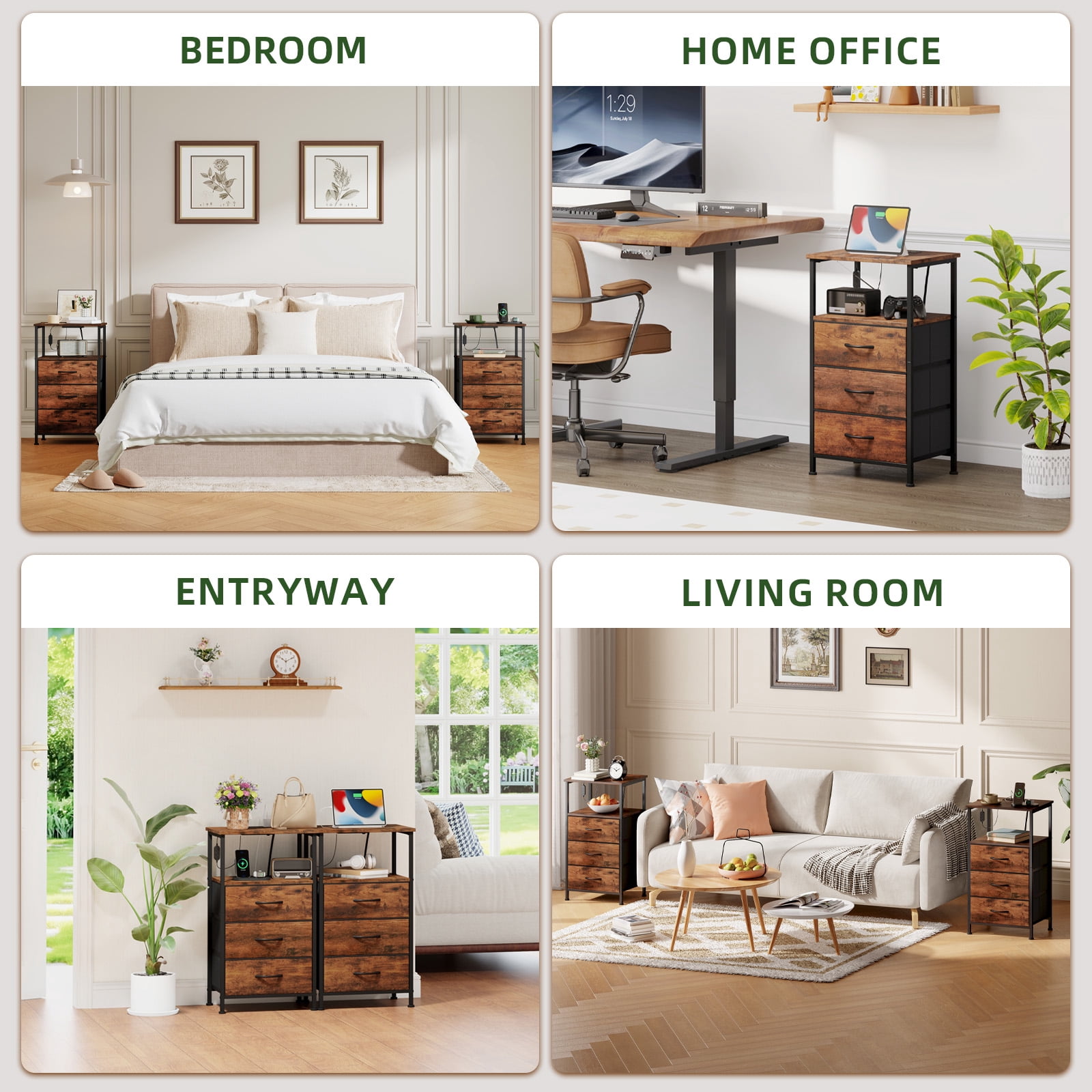 Eunos 3 Drawer Nightstand with Charging Station, LED and Open Shelf for Bedroom, Wood Grain Print