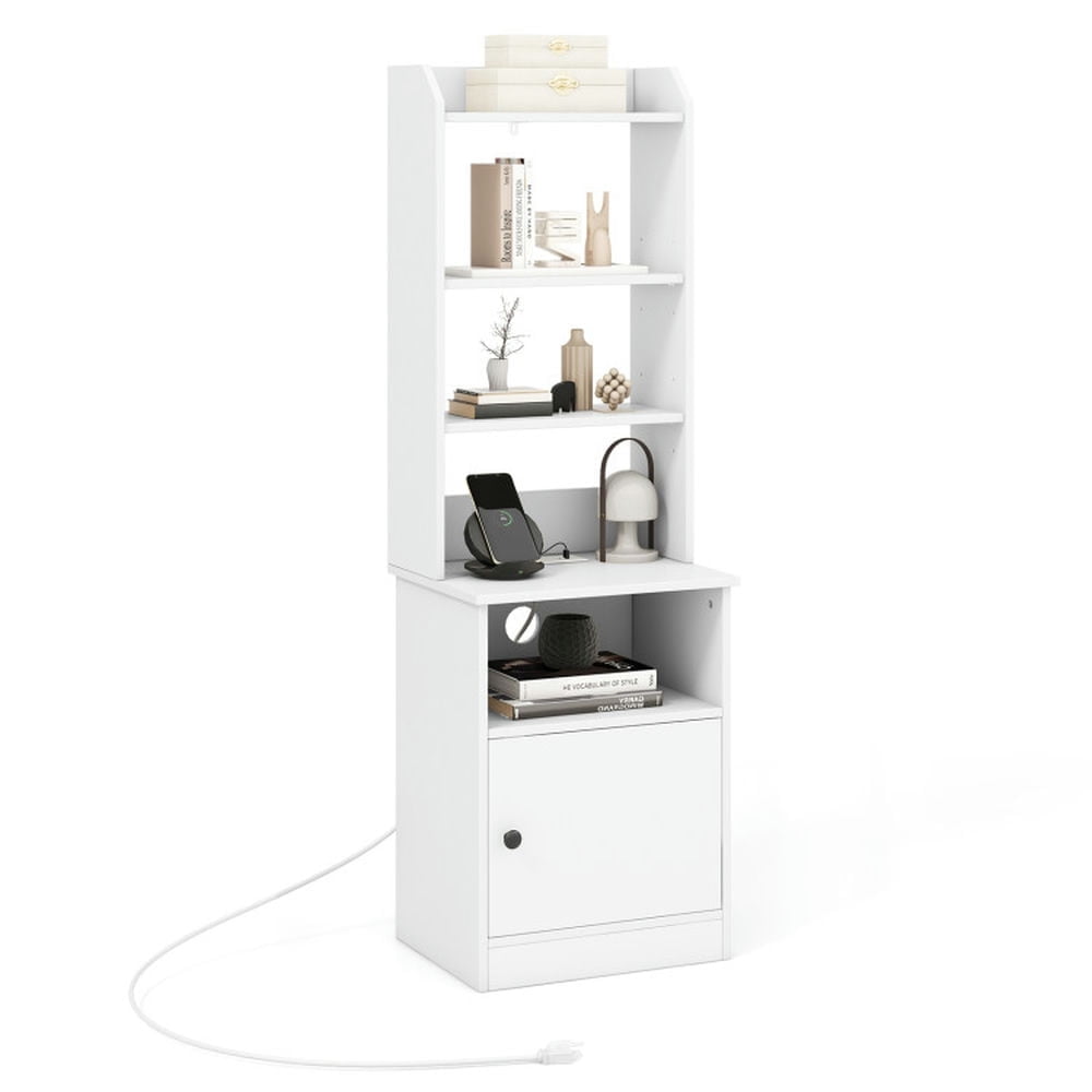 Demi Bonn 6-Tier Bookshelf with Charging Station and Cabinet, Wood Free Standing Bookcase with 5 Open Shelf, White