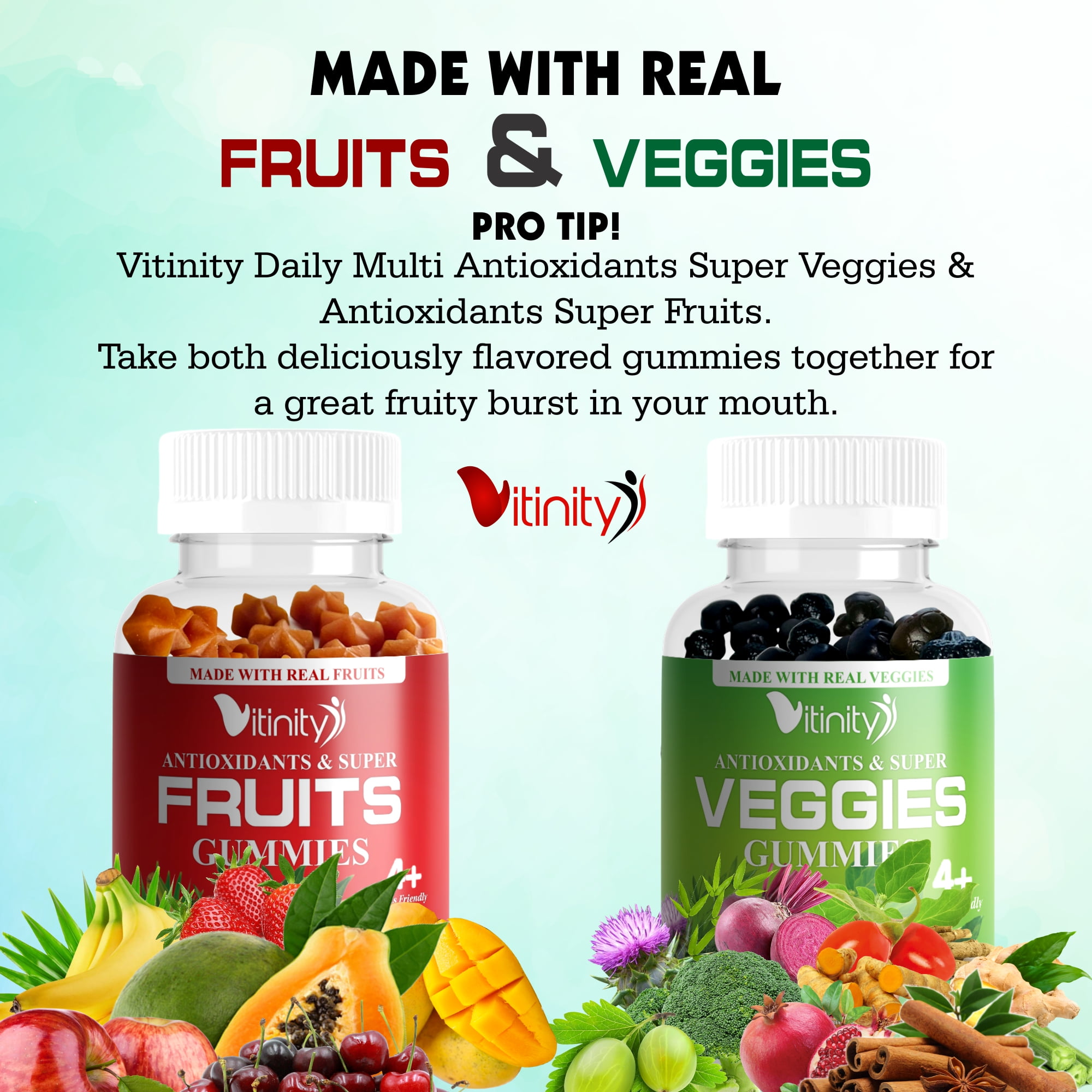 VITINITY Fruits and Veggies Gummies - Superfood Vegetable Vitamin Supplement for Women and Men - with a Blend of Fruit and Greens for Daily Health