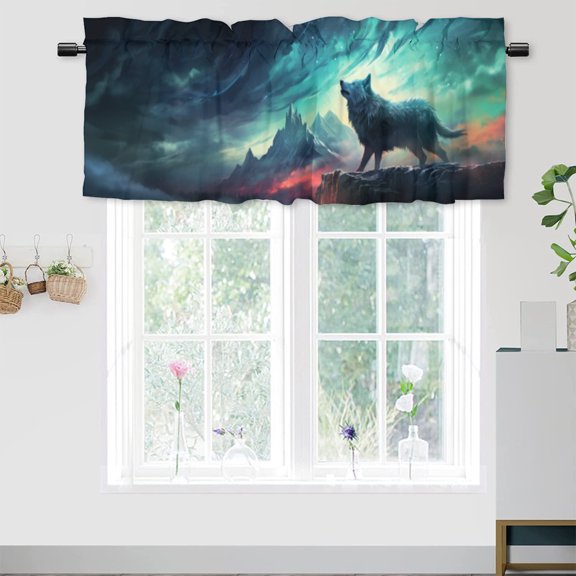 Wolf Kitchen Valance Curtains Woodland Mountain Wild Animals Colorful Sky Privacy Decorative Rod Pocket Short Window Valance Curtains 54 by 18 in, 1 Panel