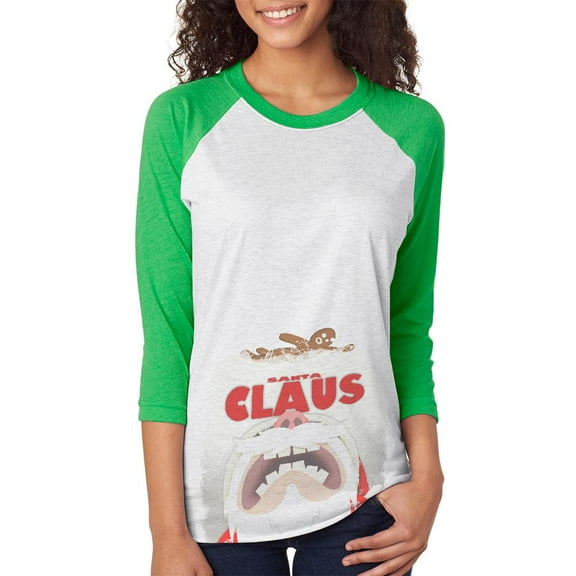 Christmas Santa Jaws Claus Horror Unisex Raglan T Shirt Irish Green LG