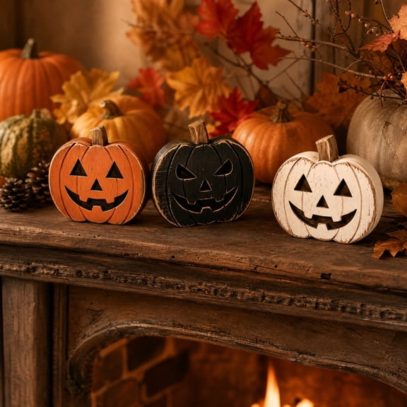 Wooden Pumpkin Ornaments Set of 3 Fall Tabletop Decor Rustic Distressed Craft Pumpkins for Halloween Thanksgiving Home Office Display 5.12x5.12 in