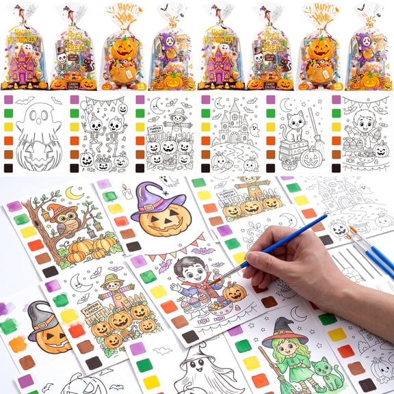 240 Pcs Halloween Party Favors, DIY Halloween Greeting Cards with Treat Bags and Painting Brushes, Trick or Treat Party Favors
