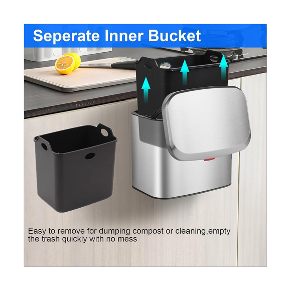Hanging Stainless Steel Compost Bin 1.05 Gallon Wall Mounted Trash Can with Lid, Kitchen Cabinet Door Sink Garbage Can