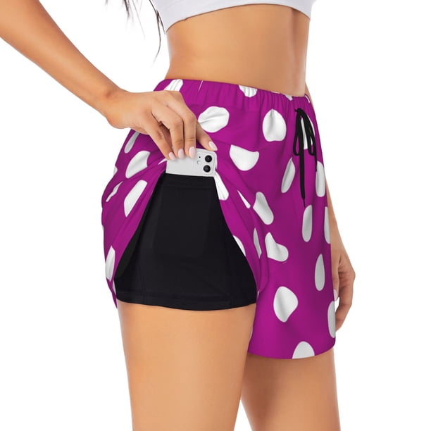 Balery Purlpe And White Polka Dot Pantalones cortos deportivos para mujer con forro y dos bolsillos, elásticos, para entrenamiento, gimnasio, yoga-XX-Large