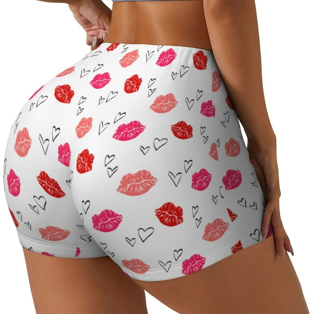 Fotbe Red Lips 1 Shorts Sin Costuras – Shorts Deportivos de Cintura Alta para Mujer, Elásticos para Gimnasio, Yoga, Running o Ciclismo-Medium