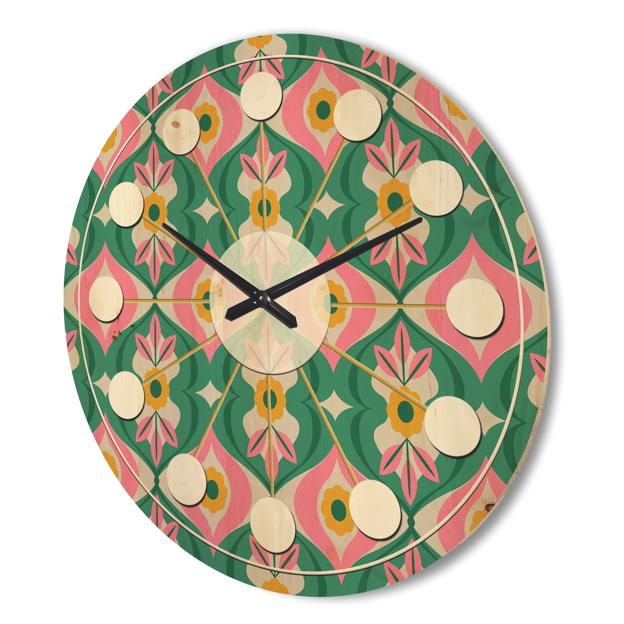 Designart 'Flowers and Leaves With Retro Pattern' Mid-Century Modern Wood Wall Clock