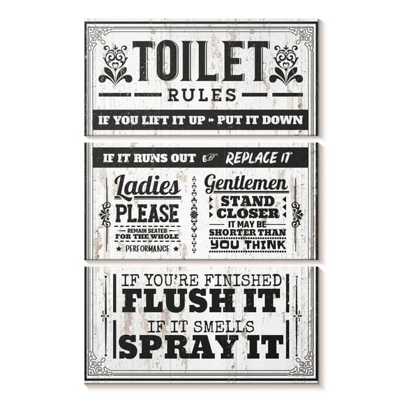 Elephant Stock Proper Bathroom Rules Wall Art - Vertical Multi Panel Canvas - Bathroom Wall Decor - Inspirational And Typography Multi Panel - Gray And White Decor - 14" x 23"