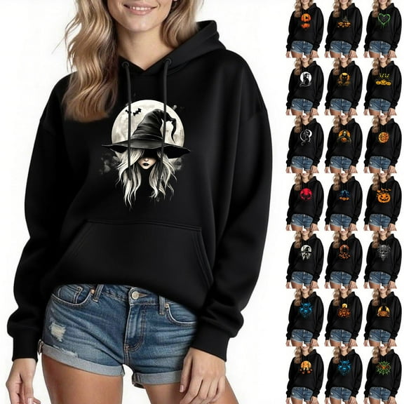 yoeyez Hoodies for Women Plus Size Fall Fashion Pullover Skull Print Halloween Hooded Sweatshirts with Kangaroo Pockets Black,S