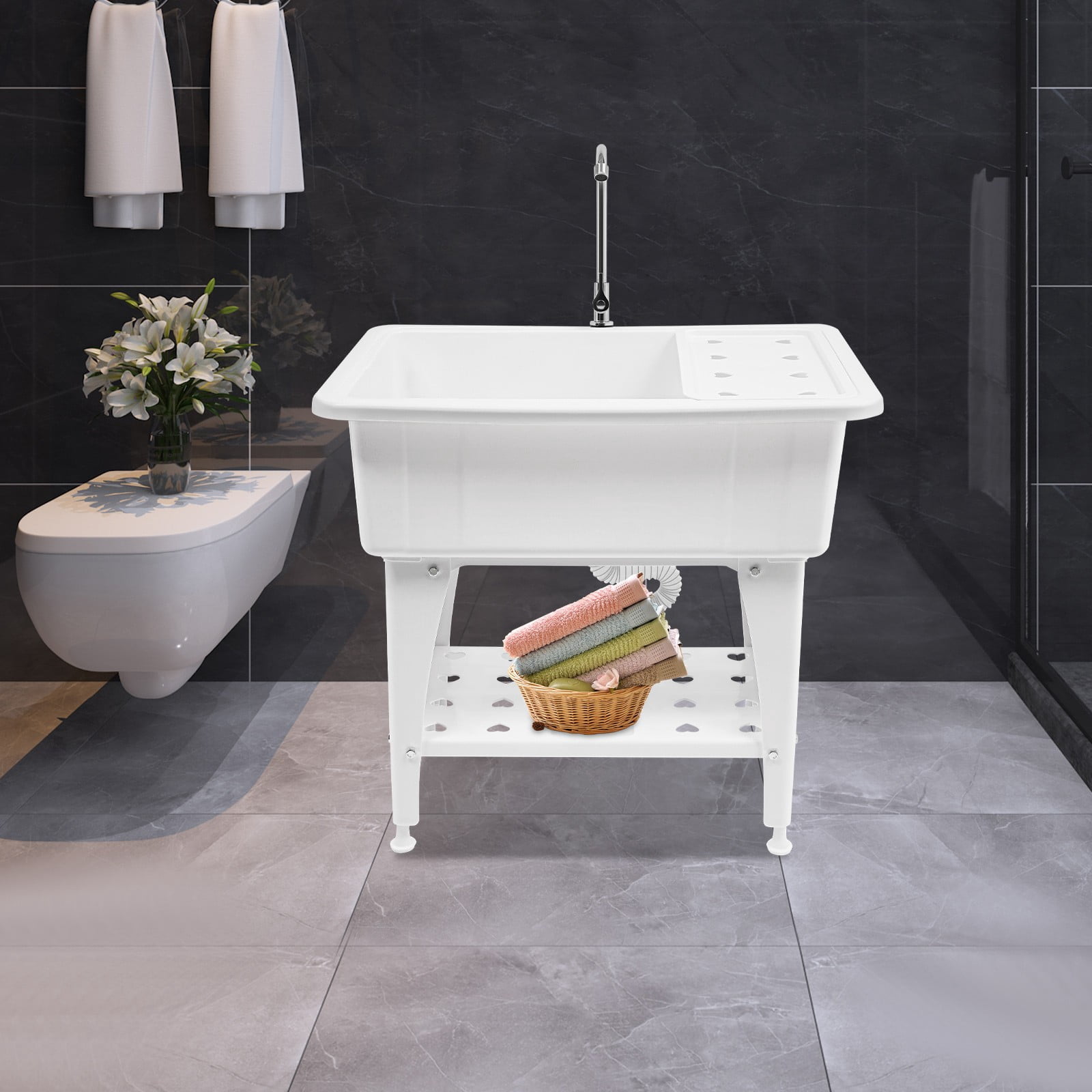 Laundry Sink Utility Tub 220.46 lbs Capacity 37.5*110cm for Washing Room Freestanding Adjustable Foot Height