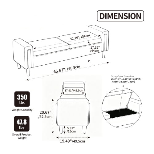 65.67" Wide Modern Upholstered Storage Bench with Double Lids and Armrest, Chenille Fabric, Rubberwood Legs, for Living Room, Entryway, Bedroom, Dormitory, Beige