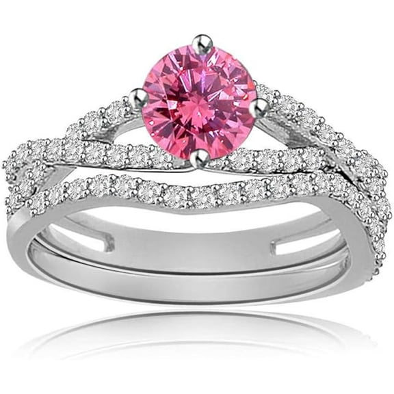 beryl_creation 1.10 Ct Round Cut Pink Sapphire & Diamond Wedding Engagement Bridal Ring Set 14K White Gold Plated 925 Sterling Silver For Women's -10