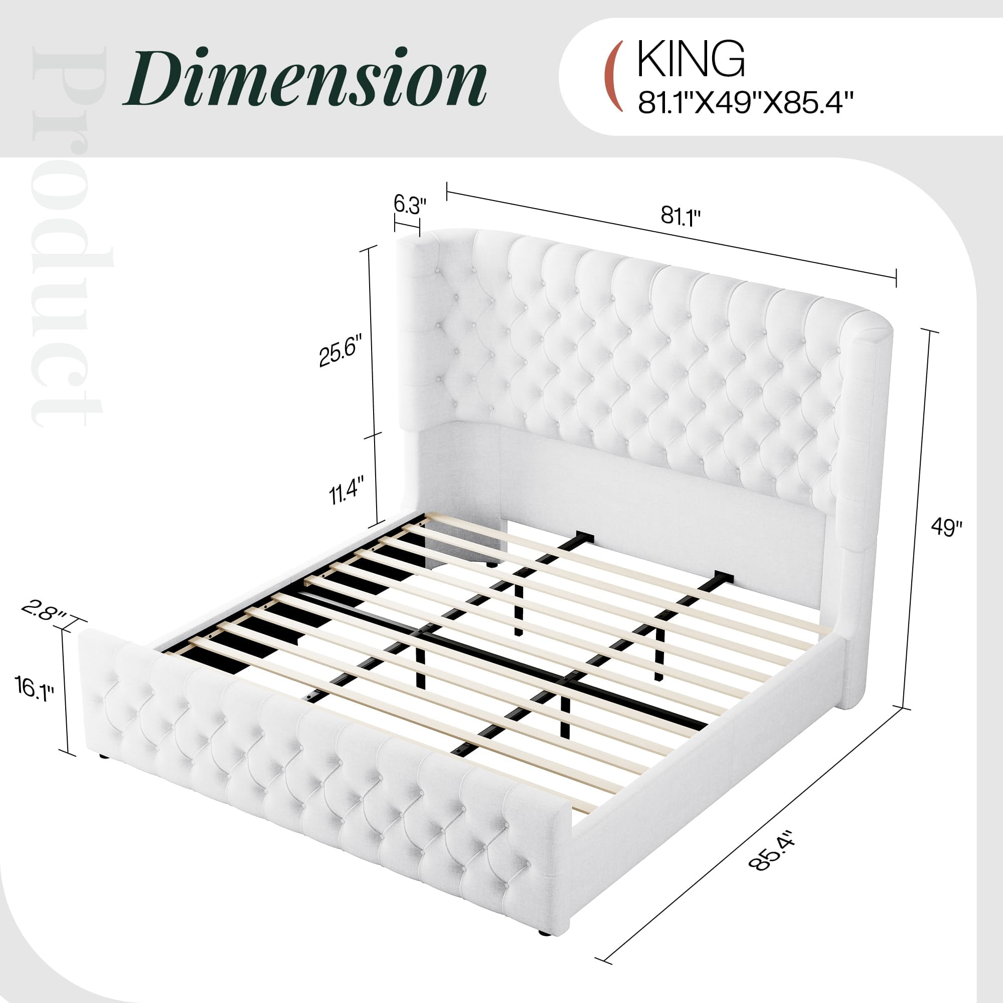 Amerlife King Bed Frame with 49” Upholstered Wingback Headboard, Noise-Free Platform Bed with Steel Frame and Slip-Resistant Edges, White