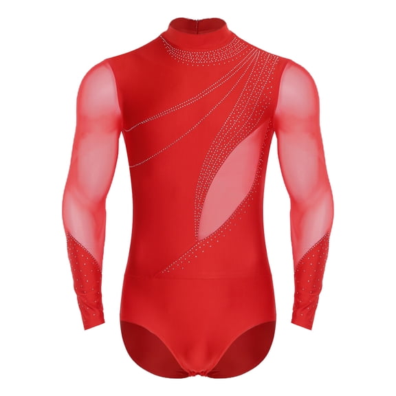 Aislor Men Ballroom Dance Jazz Chacha Shiny Rhinestones Latin Dance Shirt Ballet Leotard Red 3XL