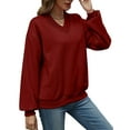 thumbnail image 3 of Womens Oversized V Neck Sweatshirt Fleece Long Sleeve Hoodies Pullover Comfy Top Outfits Wine Red XXL, 3 of 9