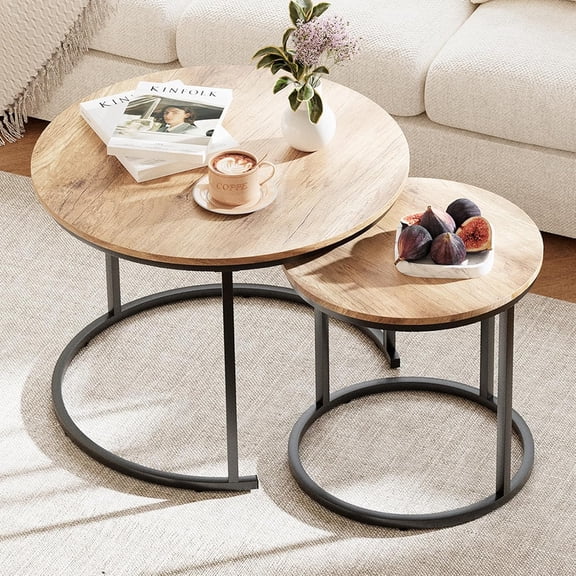 Nesting Coffee Table, 23.6" Round Coffee Table Set of 2, Wooden Nesting Table Set for with Metal Frame, Side Tables for Living Room Bedroom Balcony, Brown