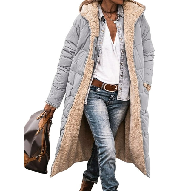Innerwin Overcoats Long Sleeve Ladies Fleece Jacket Winter Hooded Loose Sherpa Coat Light Blue S