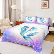 Feelyou Kawaii Blue Mermaid Twin Sheet Sets for Teen, Dreamy Ocean Princess Twin Fitted Sheet, Glitter Fish Scale Flat Sheet, Ultra Soft Bedroom Decor, 3-Piece