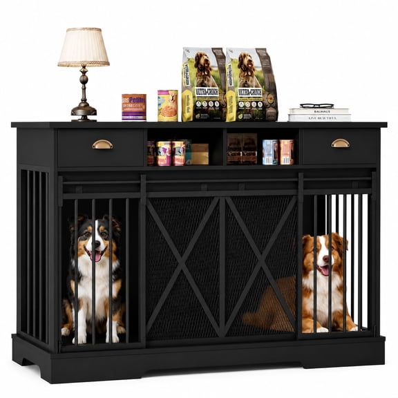 63 Inch Black Wooden Dog Crate Furniture, Sliding Door Divider Design, Storage Drawer Indoor Pet Kennel TV Stand for Living Room