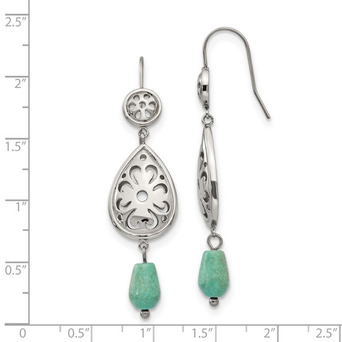 Stainless Steel Polished Simulated Turquoise Shepherd Hook Earrings 14mm Wide Dangle Earring for Women