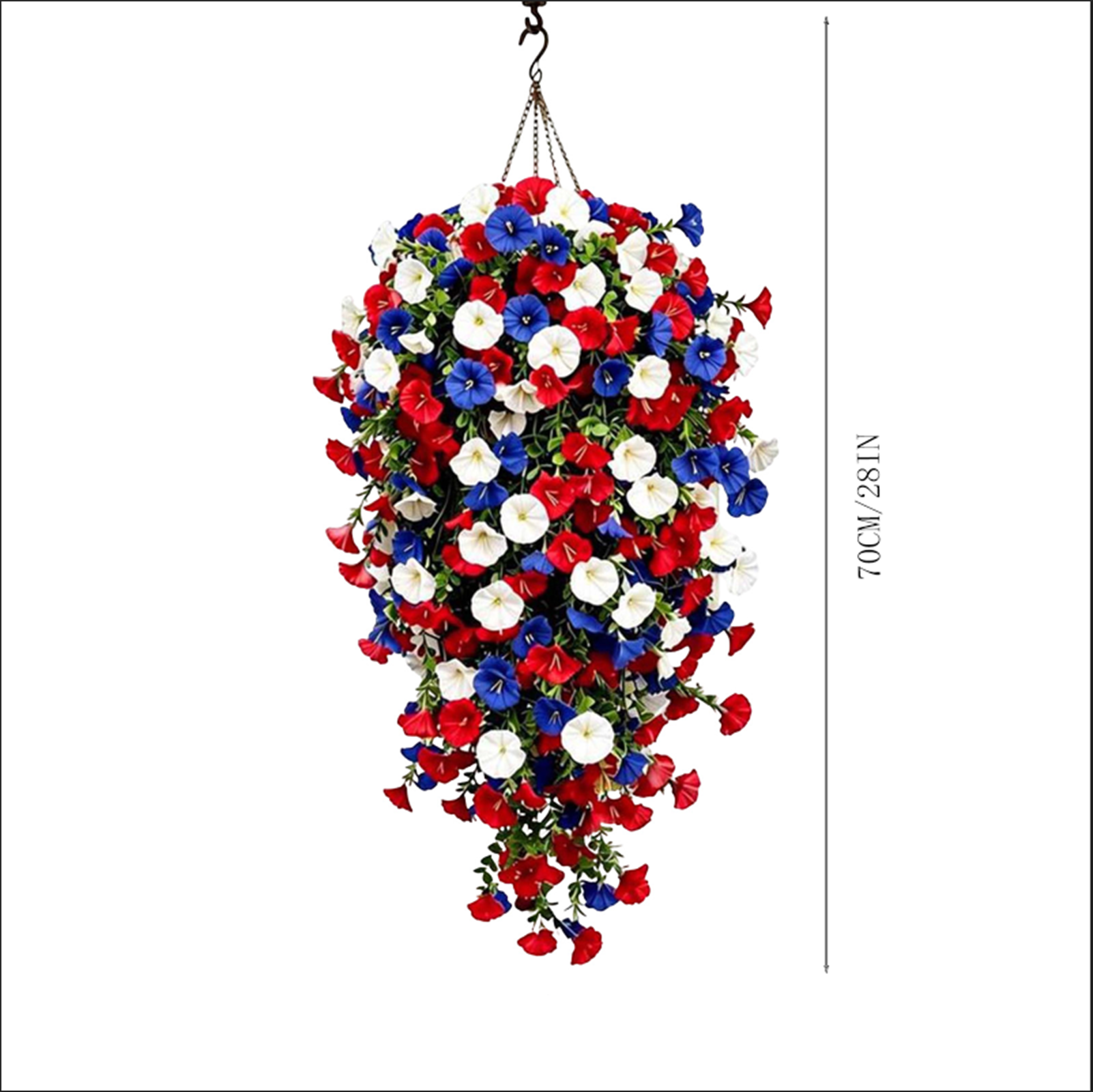 Fmxomd Artificial Hanging Flowers Basket for Outdoor, Fake Flowers Faux Plants for Yard Gardens Porch Patio Home, 28" Patriotic Flowers for Summer Front Porch Patio 4th ofJuly Decor