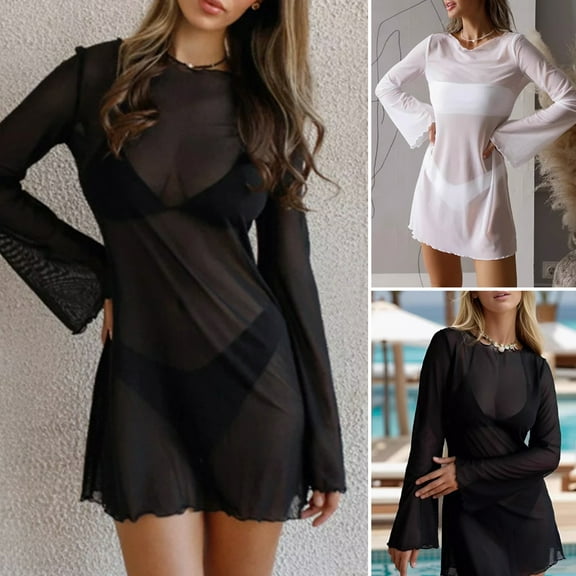 ZenCart Women's Sexy Sheer Mesh Swimsuit Cover Up Round Neck Long Bell Sleeves Beach Bodycon Mini Dress Summer Bikini Cover-up