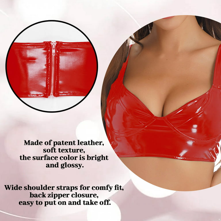 iiniim Women's Wet Look PVC Leather Wire-Free Bra Top Dance Bra Tops  Clubwear 