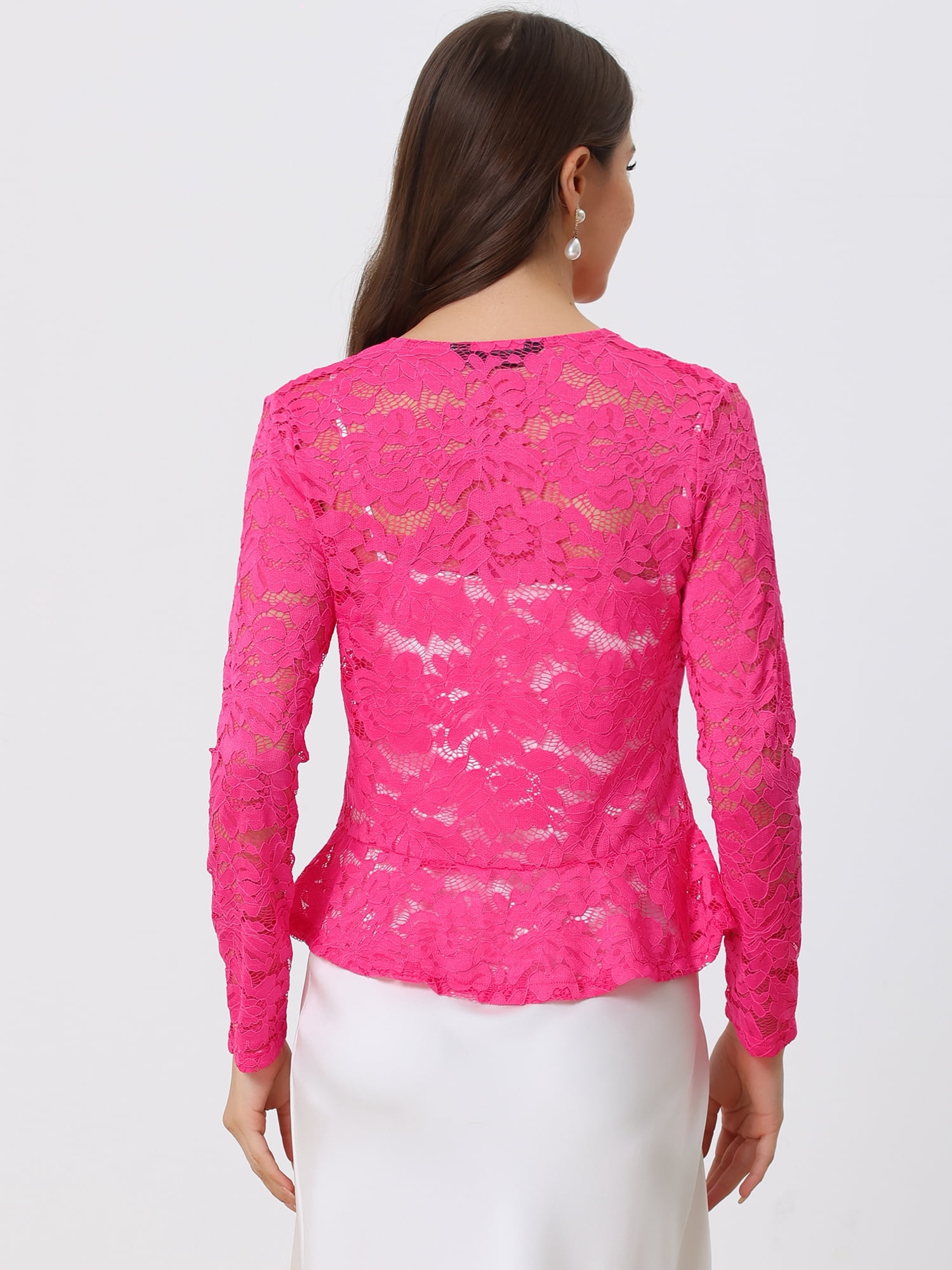 DARING DIVA Women's Ruffled Hem Floral Lace Crop Shrug Cardigan L Hot Pink