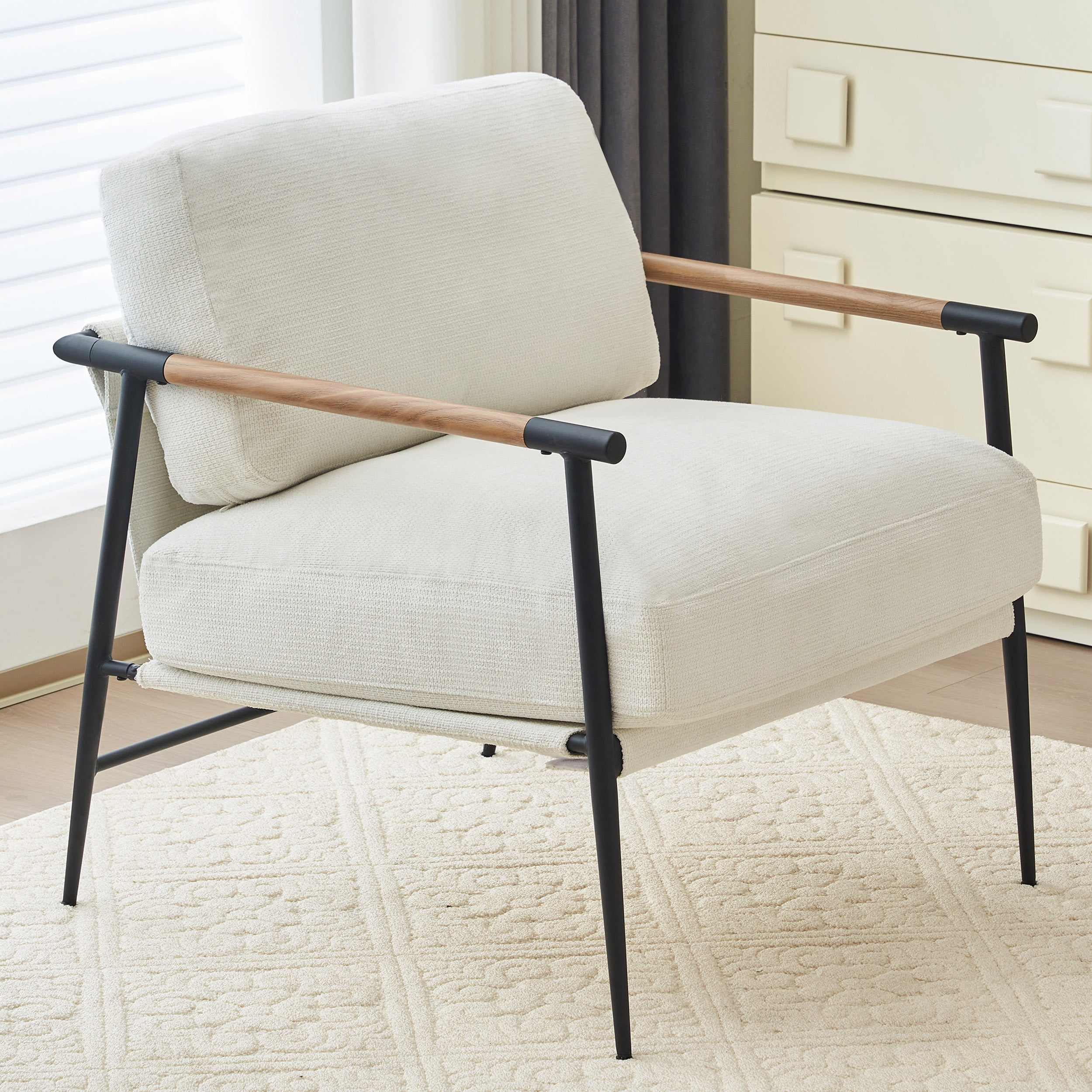 Othniel White Accent Chair Armchair Chenille Mid Century Modern Accent Chair Metal Leg Comfy Cushion for Living Room
