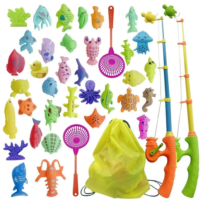 OUSITAID Jouets de Pêche pour Enfants 40 Pcs Jouets de Bain avec 2 Cannes à Pêche et 2 Filets de Pêche Extérieur Intérieur Carnaval Fête Table d'Eau Jouets de Pêche pour Tout-Petits 3-6 Ans
