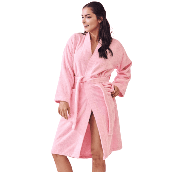 Elegani Women's 100% Cotton Terry Kimono Bathrobe (Luxury Spa Comfort) Pink S/M