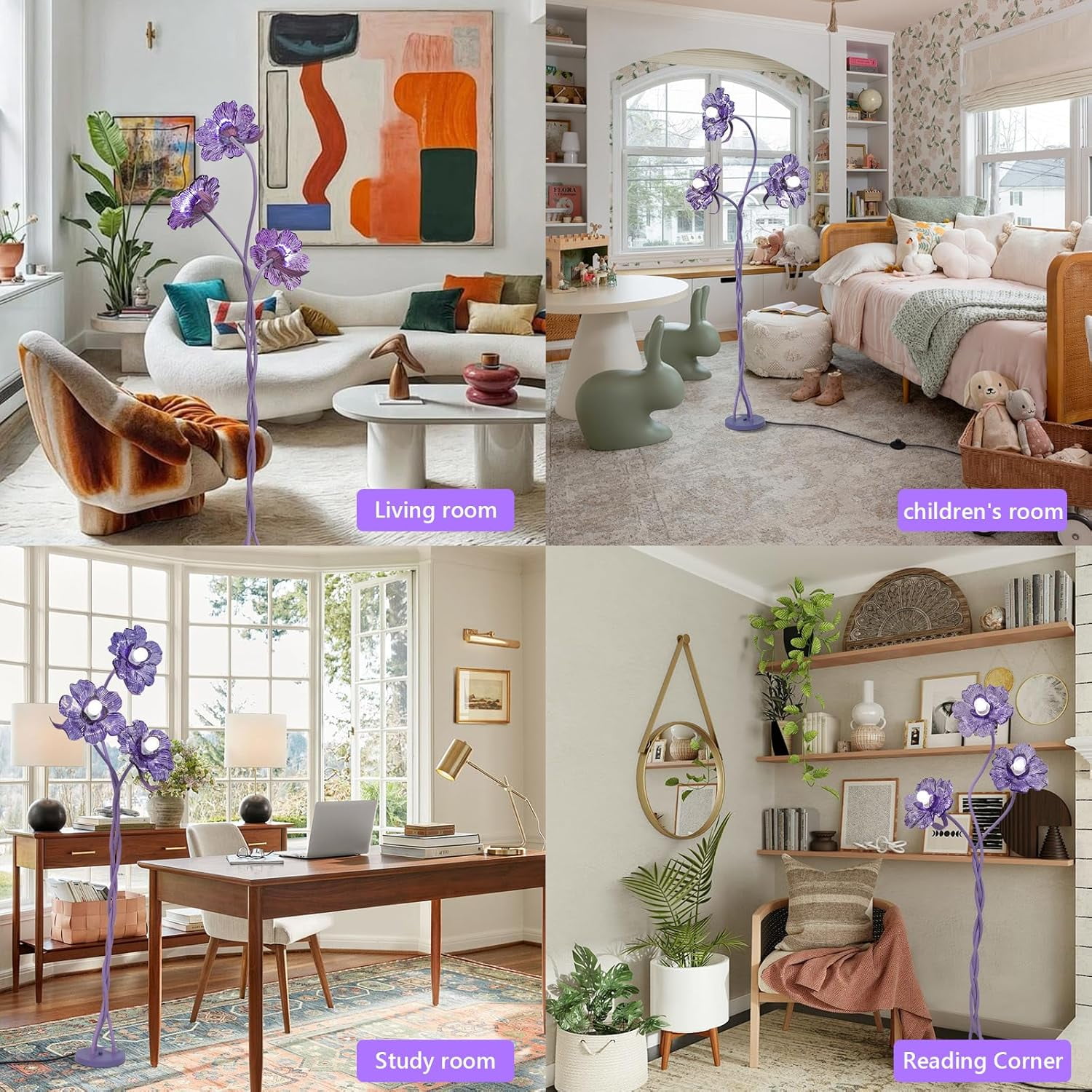 Vintage Flower Floor Lamp for Girls' Bedroom, Cute 3 Heads Floor Reading Light with Flexible Gooseneck, 3 Colors Crabapple Flower Modern Corner Standing Lamp for Living Room Office Home Decor (Purple
