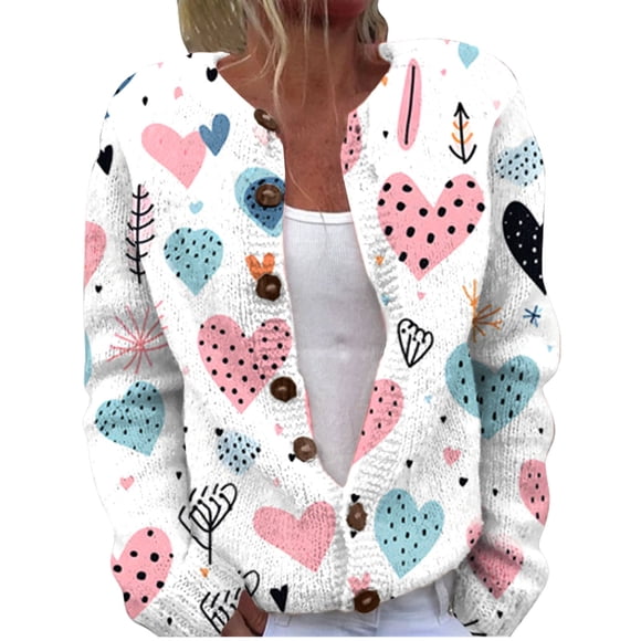 Outfmvch cardigan sweaters for women Valentine's Day Cardigan Love Heart Grahic Button Sweater Cardigans Knitted Sweater fleece jacket women sweatshirt for women couple gifts for him and her White L
