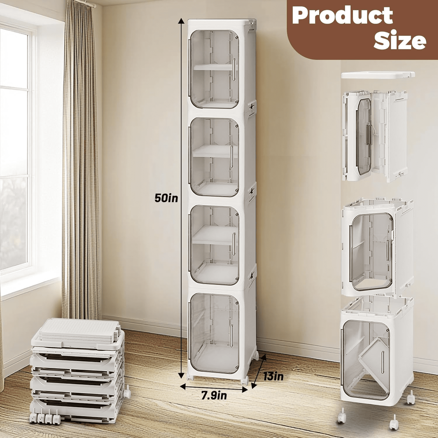 4-Tier Bathroom Storage Cabinet with Wheels, Adjustable Shelves, Magnetic Doors, Plastic Slim Bathroom Organizers and Storage for Small Spaces, Kitchen, Laundry Room, White