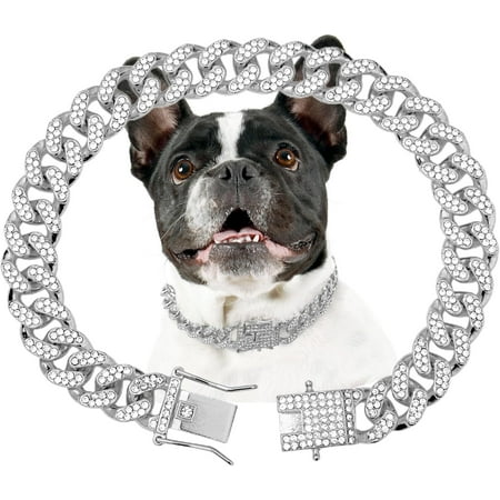 Wellsay Dog Chain Collar Silver Dog Necklace Diamond Cuban Link Dog Collar 1m Wide Metal Pet Dog Chain Crystal Collar Jewelry Accessories for Large Medium Small Dogs s(Silver 12 Inch)