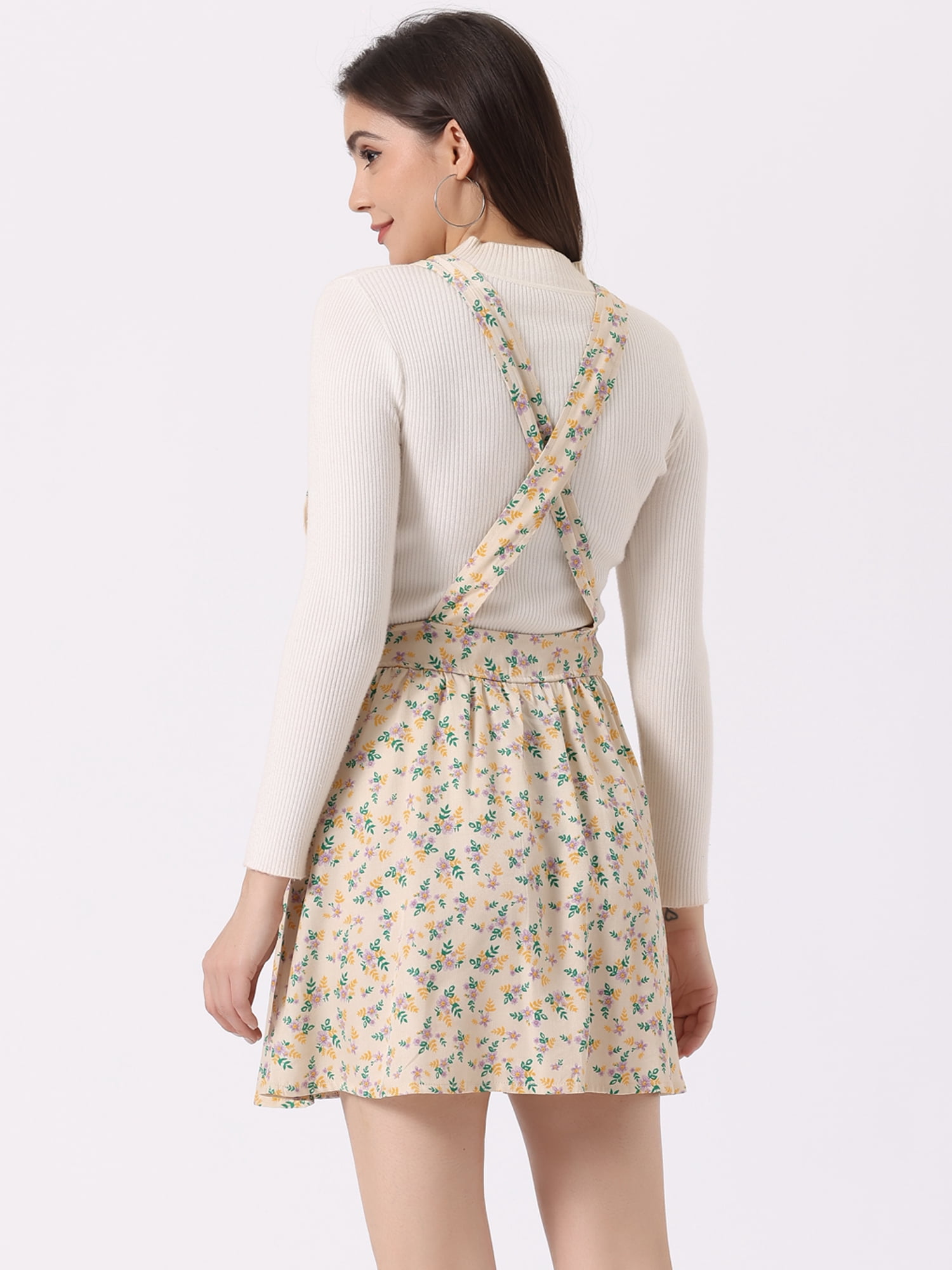 DARING DIVA Polka Dots Pattern Suspender Mini Overall Dress Skirt XS Beige-Floral