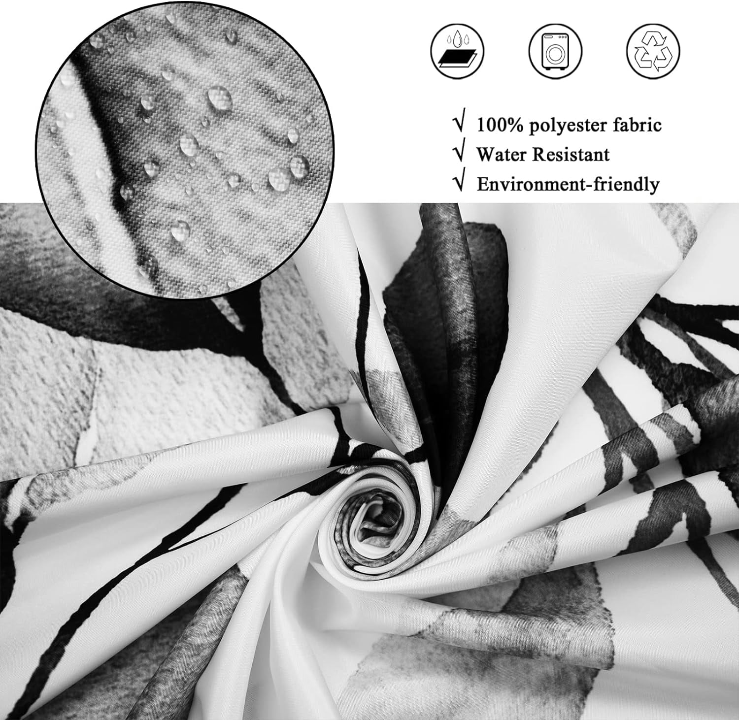 Black Eucalyptus Leaf Stall Shower Curtain, Black Botanical Watercolor Plants Bathroom Curtain Bathtub Home Decor Waterproof Fabric Machine Washable with 6PCS Hooks,36" Wx72 L