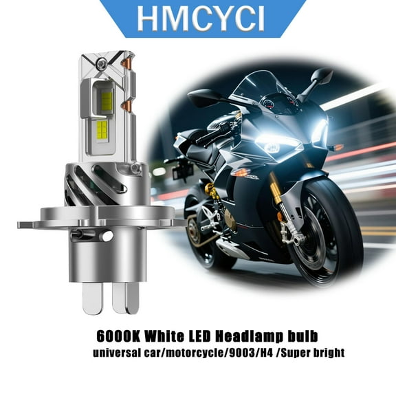 HMCYCI H4 Light Bulb Hi/Low for Motorcycle, 700% Brighter, 9003 Bulb 6500K Cool White H4 Fog Light Fanless, Plug and Play, Pack of 1