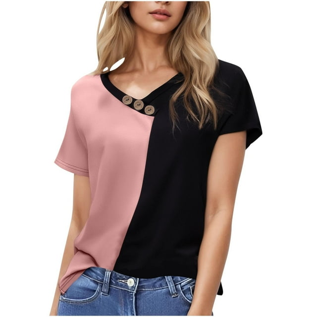 Savings Clearance! Womens Plus Size Tops,Summer Short Sleeve Blouse Tops for Womens,Ladies' Spring And Summer Color Blocked V-neck Button Casual Versatile Short Sleeve Top
