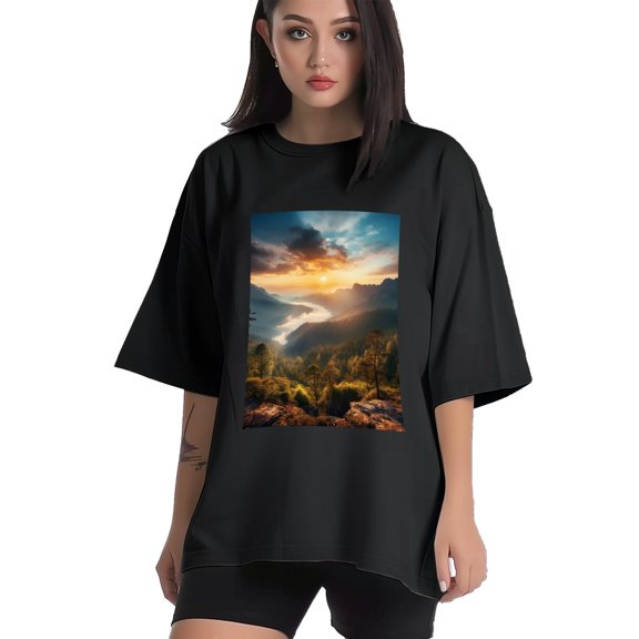 Plus Size Shirt for Women Black Tops for Women Short Sleeves Shirt for Women Top Mountain View3 T Shirt Crewneck Shirt for Women XS