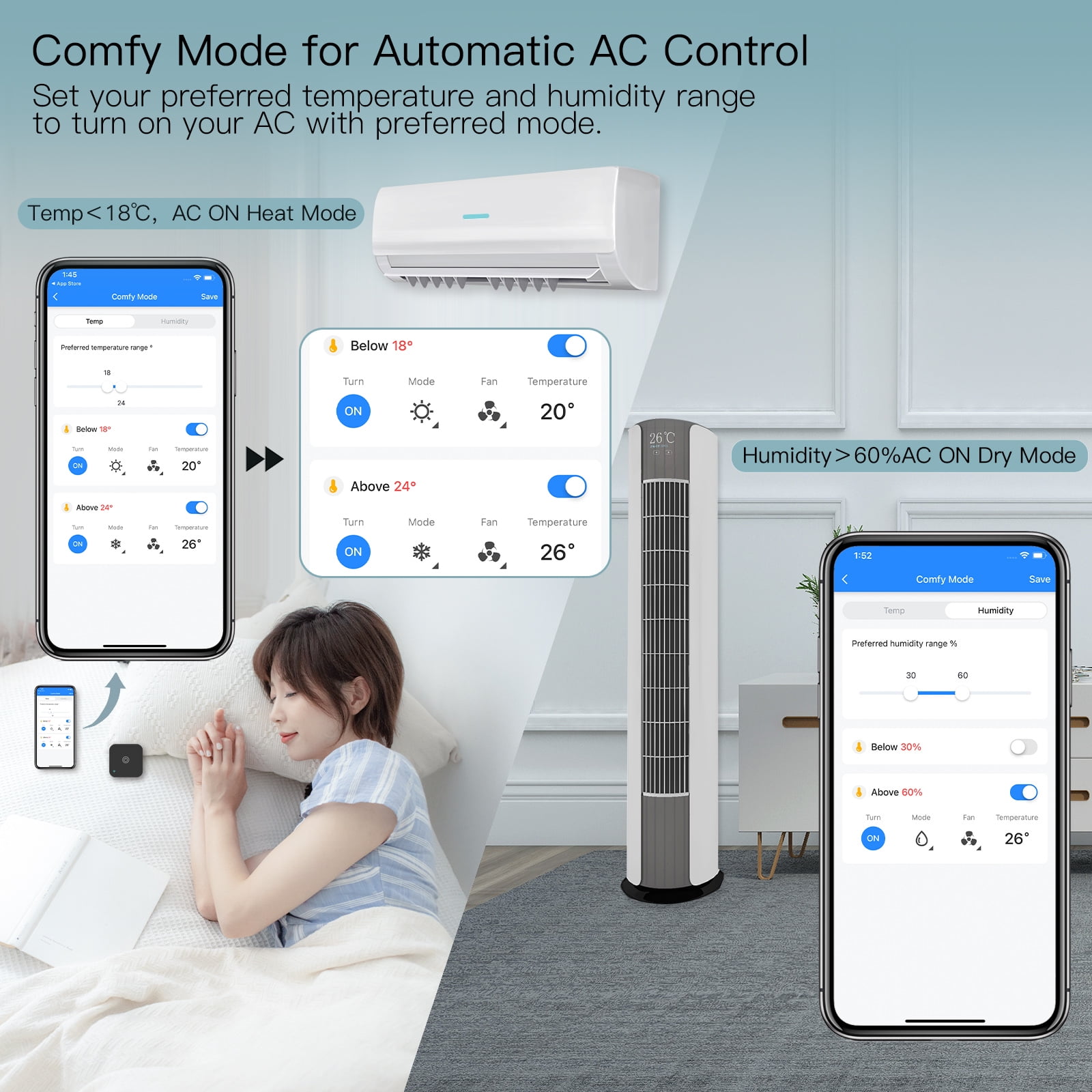 Thermostat AC Controller, Touch Button Tuya APP Wireless Temperature Humidity Sensor Voice ,Temperature calibrating