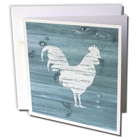 - 3dRose White Painted Rooster on Blue Weatherboard- Not Real Wood - Greeting Cards, 6 by 6-inches, set of 12