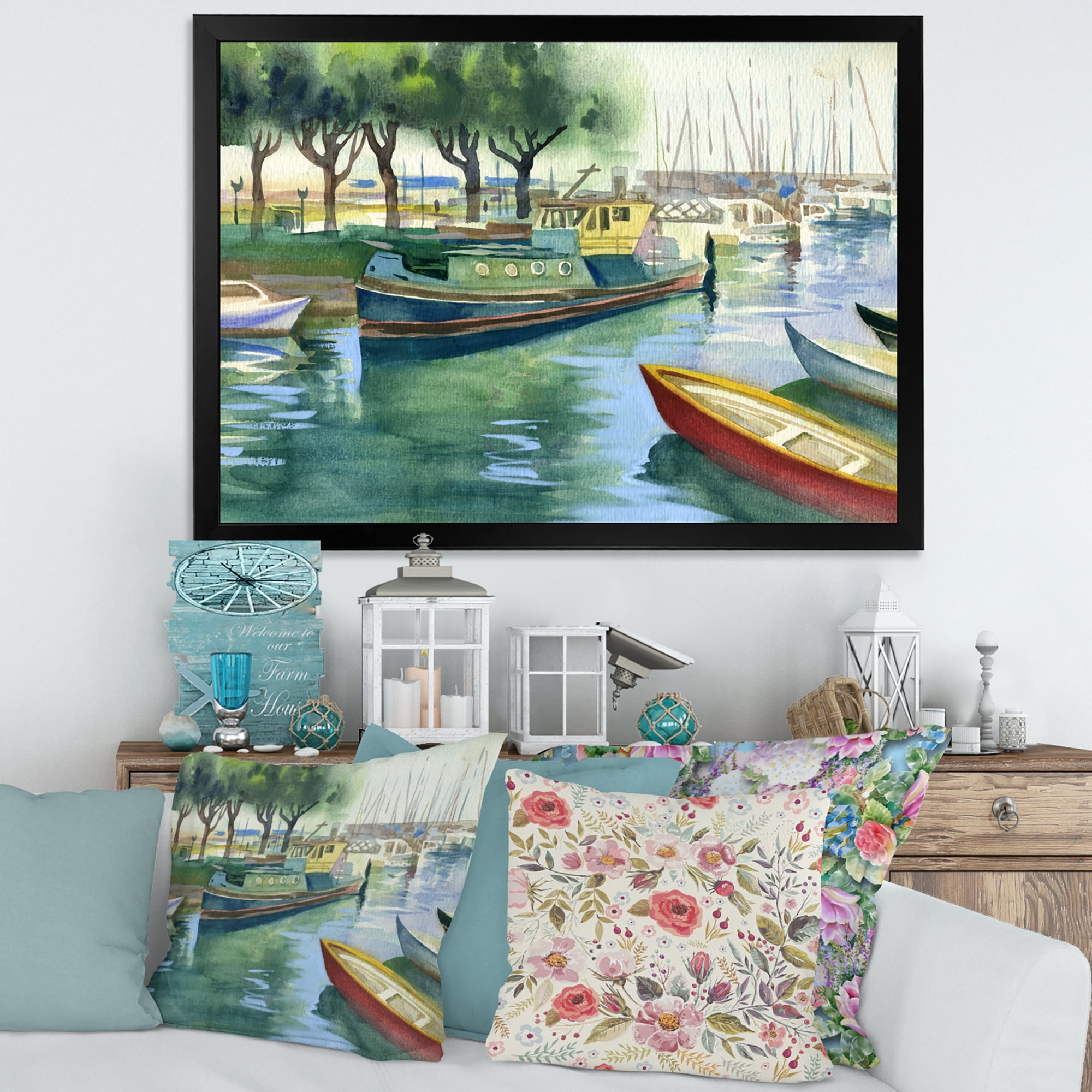 Designart 'Boats At The Lake in Green Spring' Traditional Framed Art Print